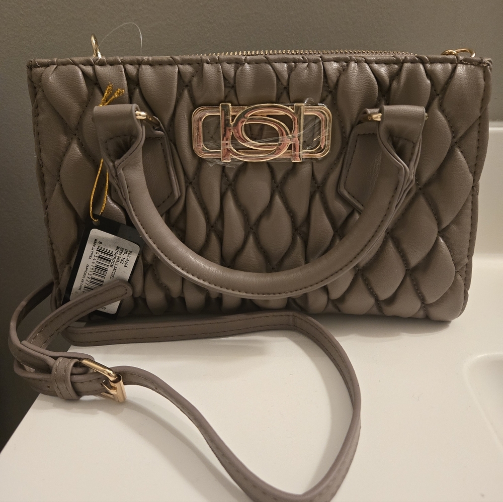 Bebe Sena small satchel in mushroom (neutral taupe tone) with gold hard NWT